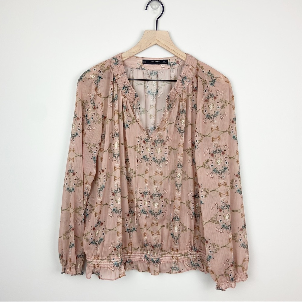 Zara Basic Floral Long Sleeve Peasant Top Pink M